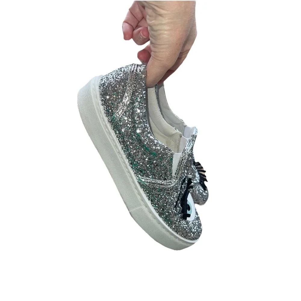 #81 Chiara Ferragni Sz 36 Flirting Loafer Silver Glitter Leather Wink Eye Shoes